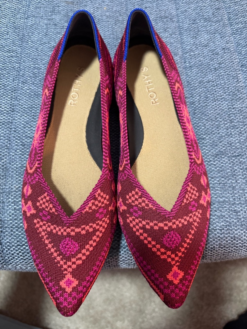 Rothy's Pointed Knit Flats in Burgundy & Pink Pattern